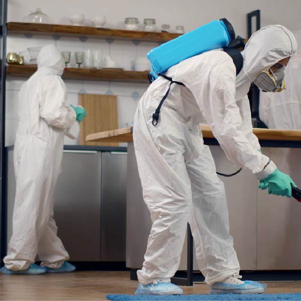 Two people in white protective suits from a pest control company clean a kitchen—one scrubs the floor, the other organizes shelves.