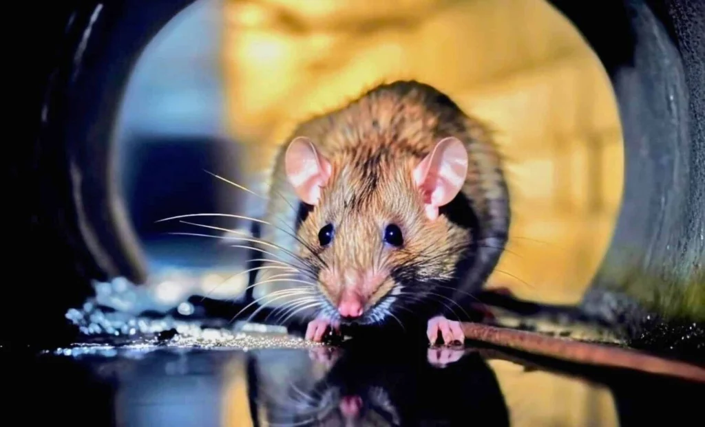 Close-up of a brown mouse emerging from a dark pipe — highlighting the need for rodent control in Lahore homes.