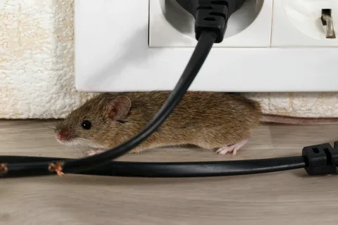 Small brown mouse hiding near electrical cords under a wall outlet — a typical scenario requiring rodent control in Lahore homes.