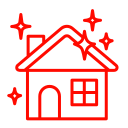 Red outline of a house with sparkles, symbolizing cleanliness or renovation.