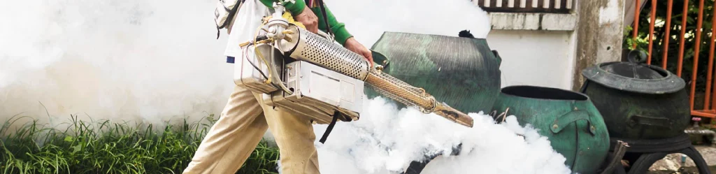 A worker in a green shirt sprays insecticide from a fogging machine, surrounded by clouds of vapor and lush grass in the background.