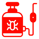 Red icon of a spray canister with a bug symbol, representing pest control or insect repellent.
