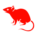 A stylized red silhouette of a sitting mouse, showcasing its distinctive features like ears, whiskers, and long tail.