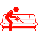 A person vacuuming a sofa, depicted in a simple red silhouette on a black background.