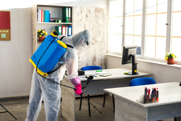 A person in a protective suit and mask sprays disinfectant in an office, equipped with a backpack sprayer and surrounded by desks for effective pest control for commercial buildings.