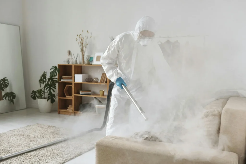 A person in a protective suit uses a steam cleaner on a sofa, surrounded by a cloud of steam in a modern, minimalistic living room. fumigtion service.