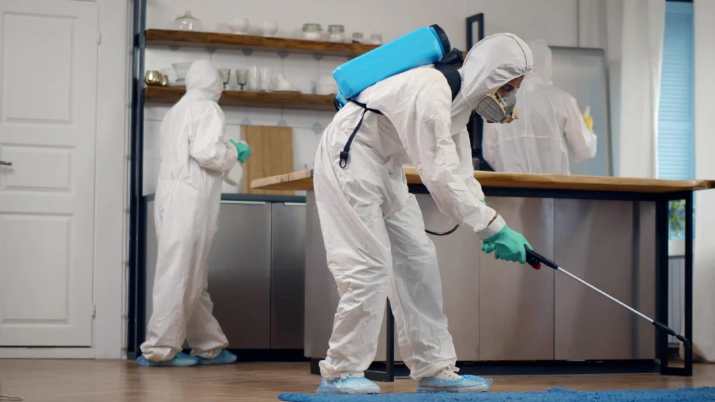 Professionals in protective gear carry out thorough cockroach control, spraying the floor and sanitizing kitchen surfaces to stop infestation during the rainy season.