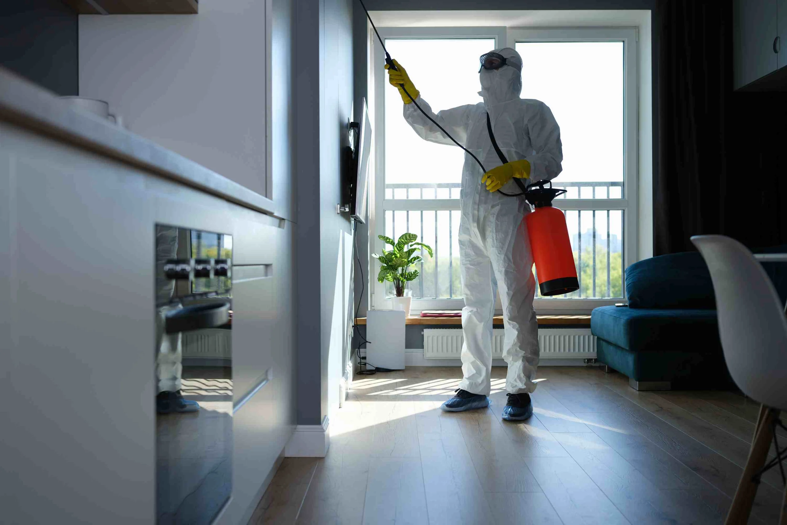 A person in a protective suit performs a home pest inspection, spraying indoors with a pressurized tank, surrounded by modern kitchen and living room decor.