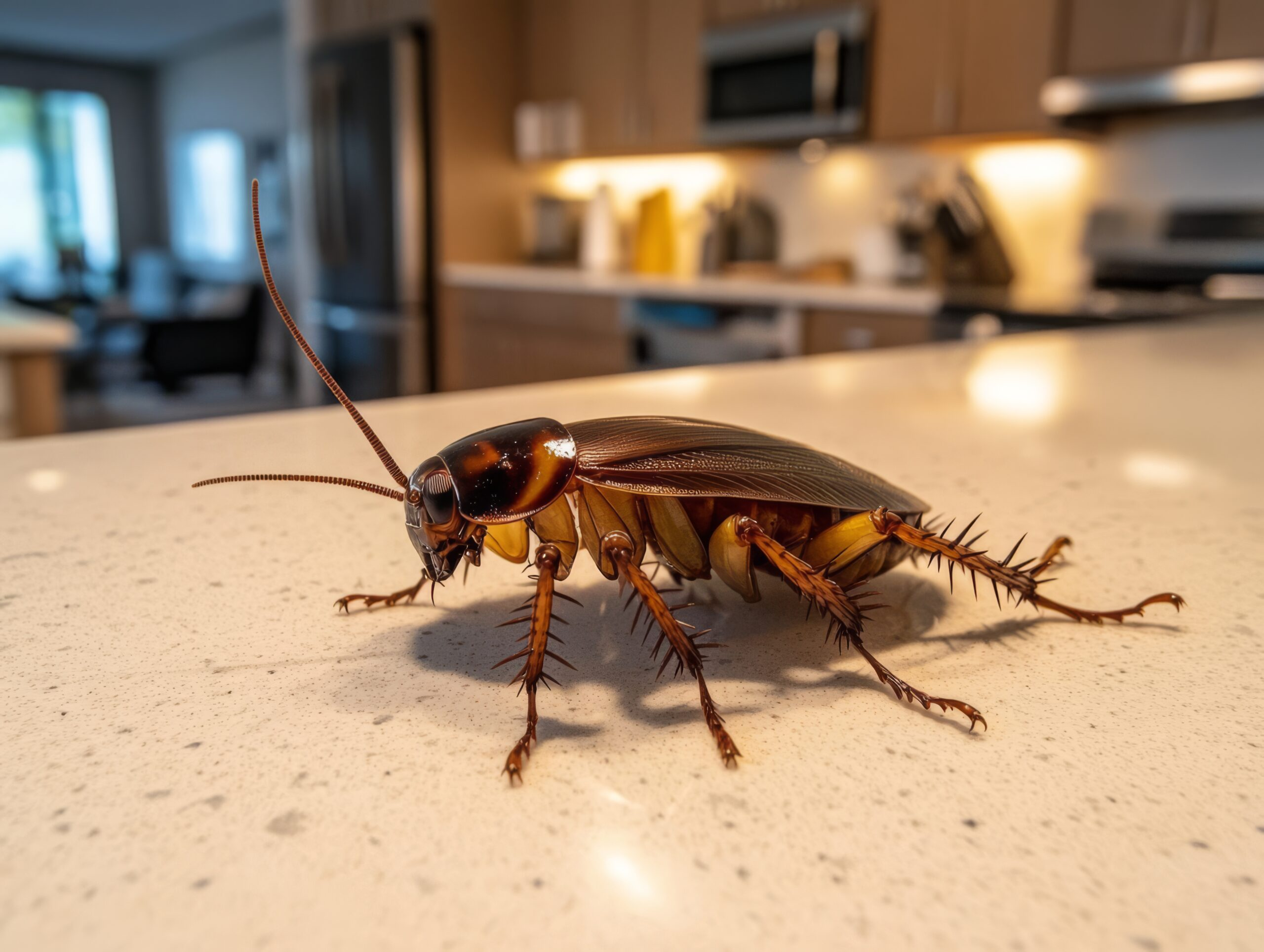 A large cockroach crawls across a marble countertop in a modern kitchen, with soft lighting and blurred furniture in the background cockroach Control.