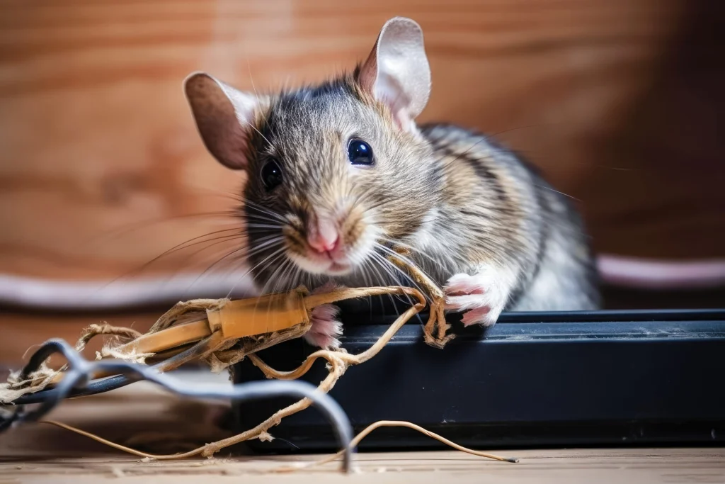 Curious mouse with large ears chewing frayed wires in wooden home, highlighting need for rodent control.