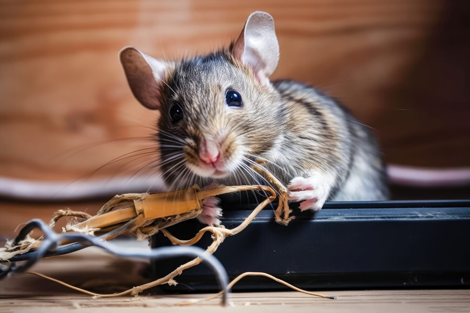 Curious mouse with large ears chewing frayed wires in wooden home, highlighting need for rodent control.
