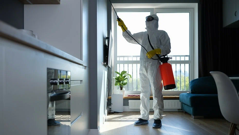A person in protective gear disinfects a modern room with a sprayer in Sialkot, providing professional pest control services. Sunlight filters in, creating a clean, sterile atmosphere.