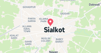 Map showing Sialkot with a red pin in the center, nearby cities labeled, surrounded by green landscape, highlighting the location for Pest Control in Sialkot.