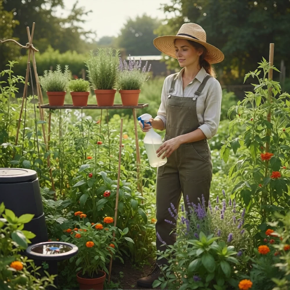 A woman practices eco-friendly pest management while tending plants in a lush garden.