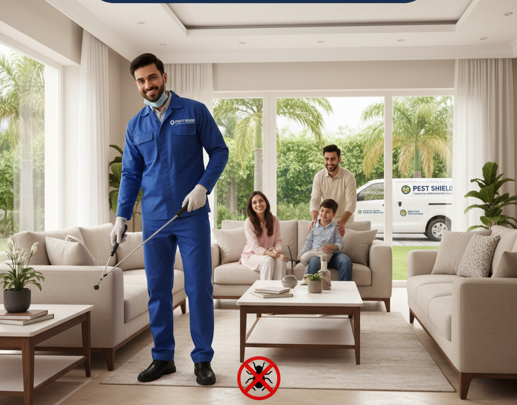 A pest control technician in a blue uniform smiles, holding equipment in a bright living room, providing professional Rodent Control in Sialkot. A family sits on the couch, looking pleased with the safe and clean environment. Outside, a van with “Pest Shield” is visible, ready to serve more homes in the city.