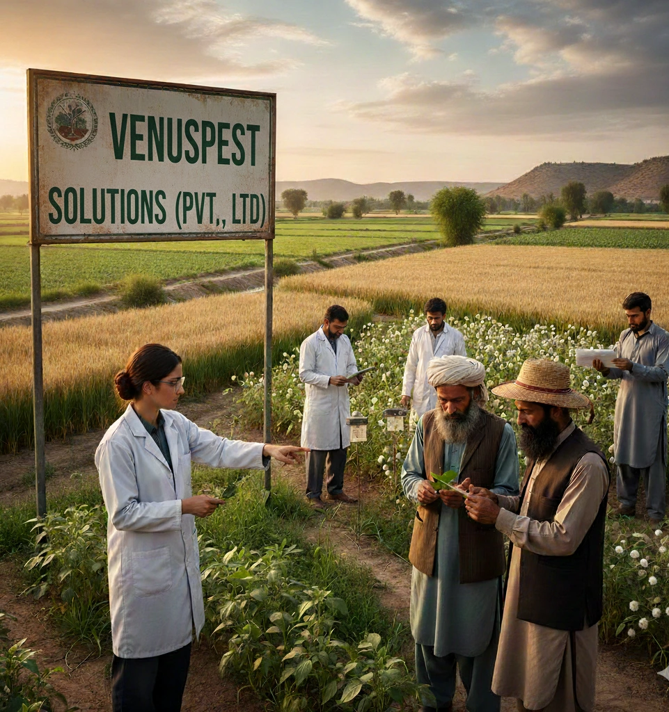 A group of researchers and farmers examine crops in a sunlit field under a sign for the Agricultural Pest Management Program in Pakistan, demonstrating effective pest risk management in Pakistan.