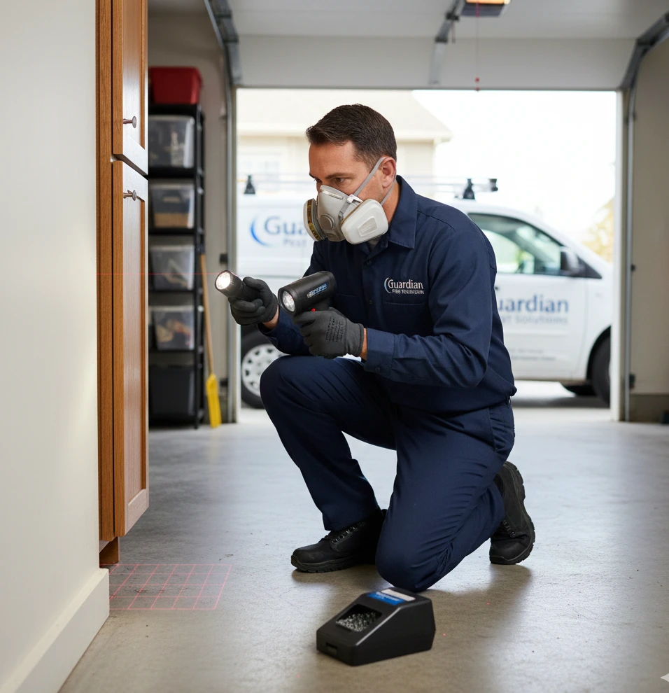 A pest control professional applies Professional Rodent Control Solutions in a garage, kneeling on the floor with a flashlight. He wears a respirator, gloves, and a uniform, while a company van is visible outside.