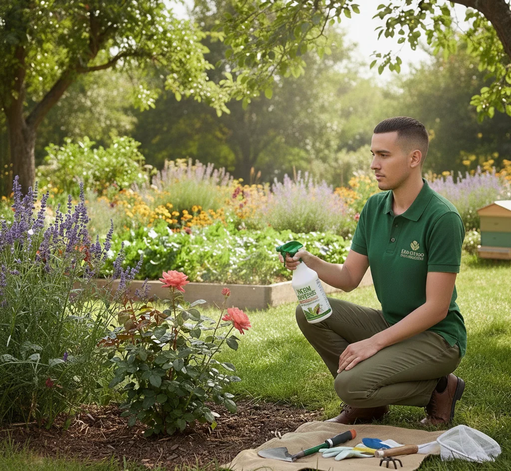 A man in a green uniform practices eco-friendly pest management while tending vibrant roses.