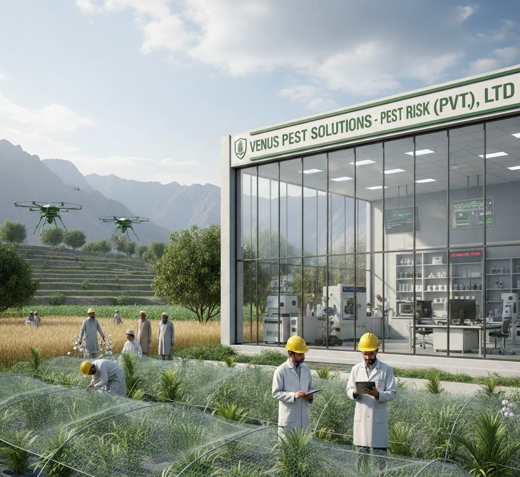A modern pest control facility amid lush fields, with people inspecting crops and drones flying nearby, showcasing advanced pest risk management in Pakistan.