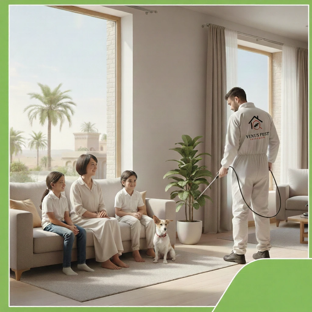 A pest control worker sprays a living room while a family relaxes, Safe pest control Bahawalpur.