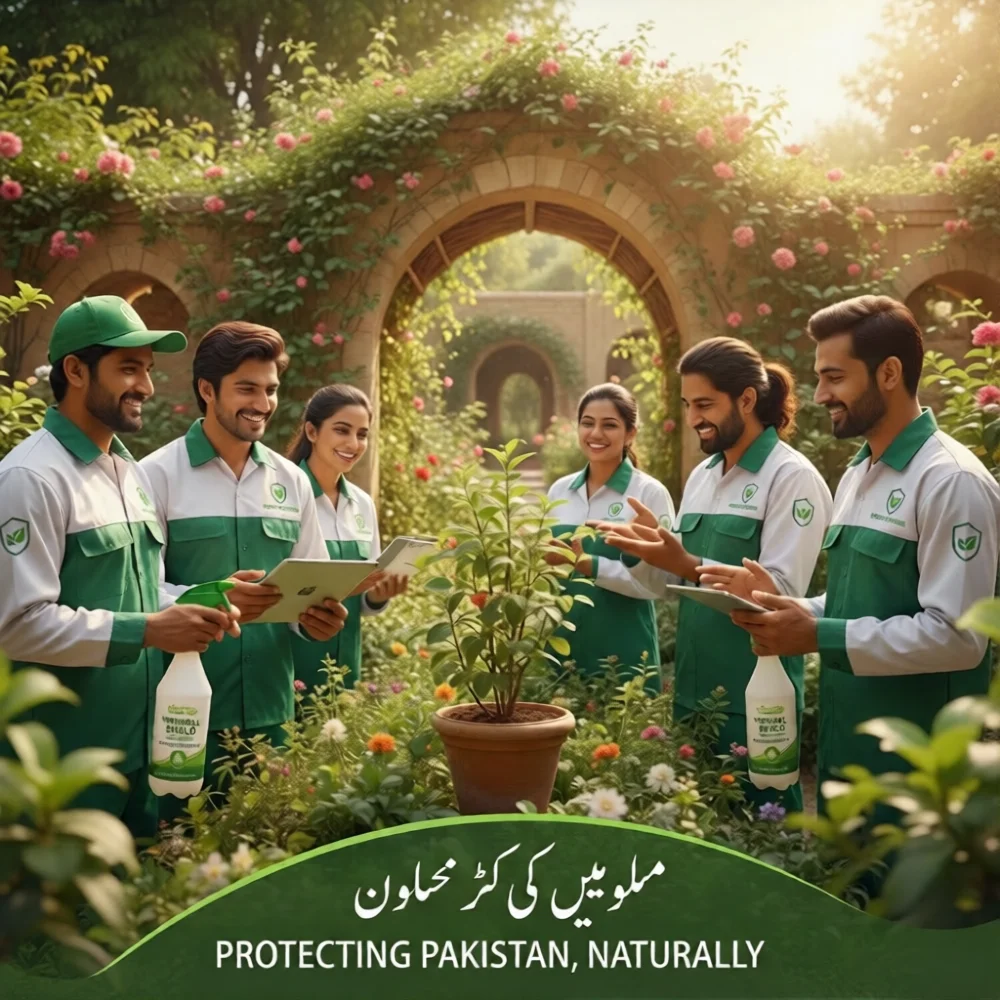 Eco pest prevention Pakistan: Team examines plants in garden, promoting natural, sustainable protection.