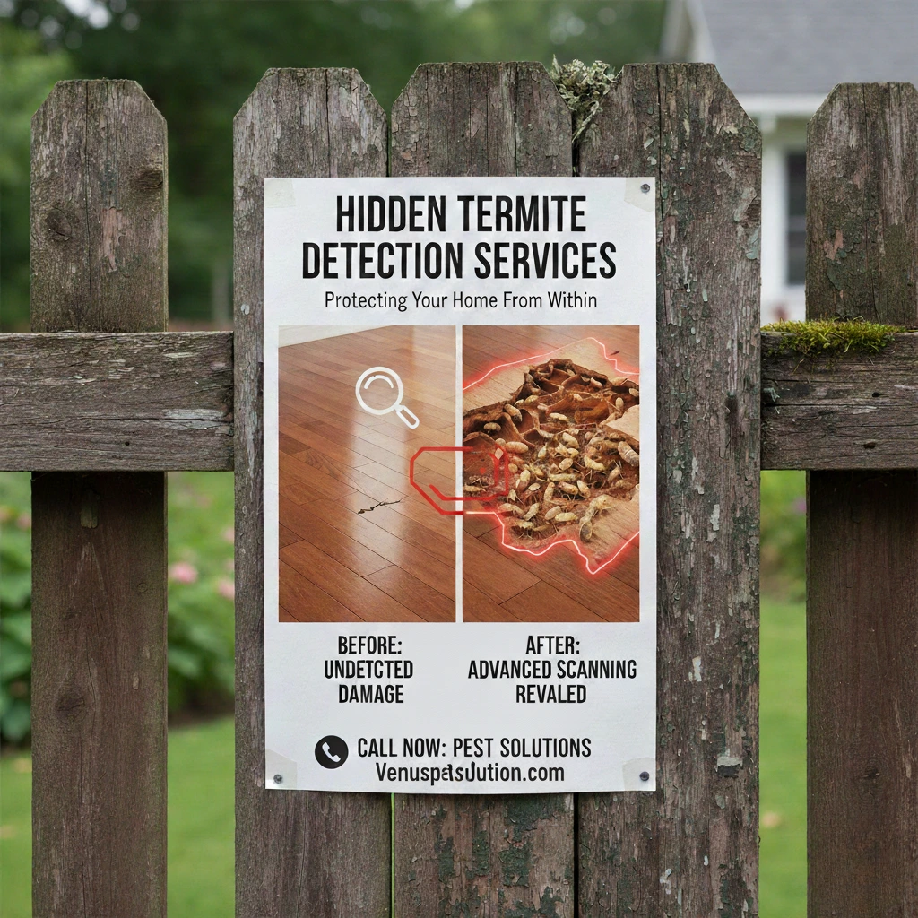 Hidden termite detection on wooden fence: before-and-after images, pest solutions contact info