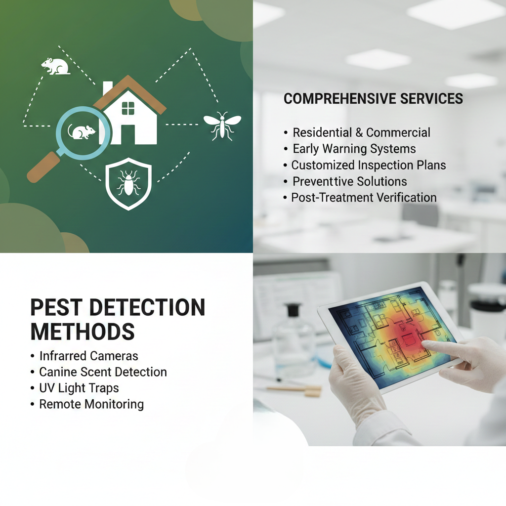 Split image showing house with pests and magnifying glass, plus infrared cameras on tablet pest detection methods Pakistan.
