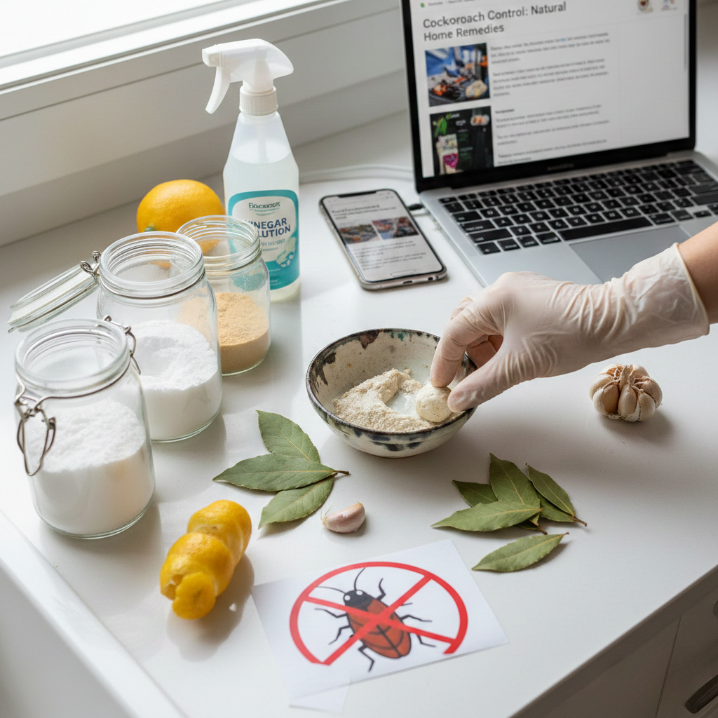 A gloved hand mixes ingredients for cockroach treatment at home while laptop shows tips.