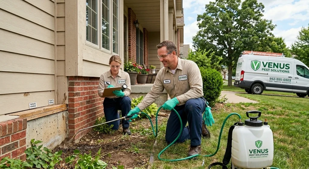 Team performing Pest and Termite Control Services outside home while spraying and inspecting property. Best fumigation services