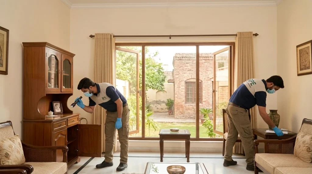 Two pest control technicians wearing masks and gloves inspect furniture in a cozy living room during a Pest Inspection Service Sheikhupura, with a wooden cabinet and a garden view through a large window. Bedbugs spray in lahore