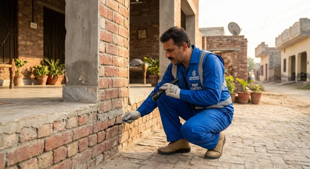 A pest control worker in a blue uniform inspects a brick wall with a flashlight during a Pest Inspection Service Sheikhupura in a quiet residential area.