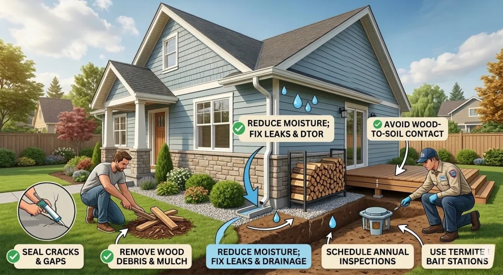 Home exterior showing tips to prevent termites at home: seal cracks, remove debris, fix leaks.