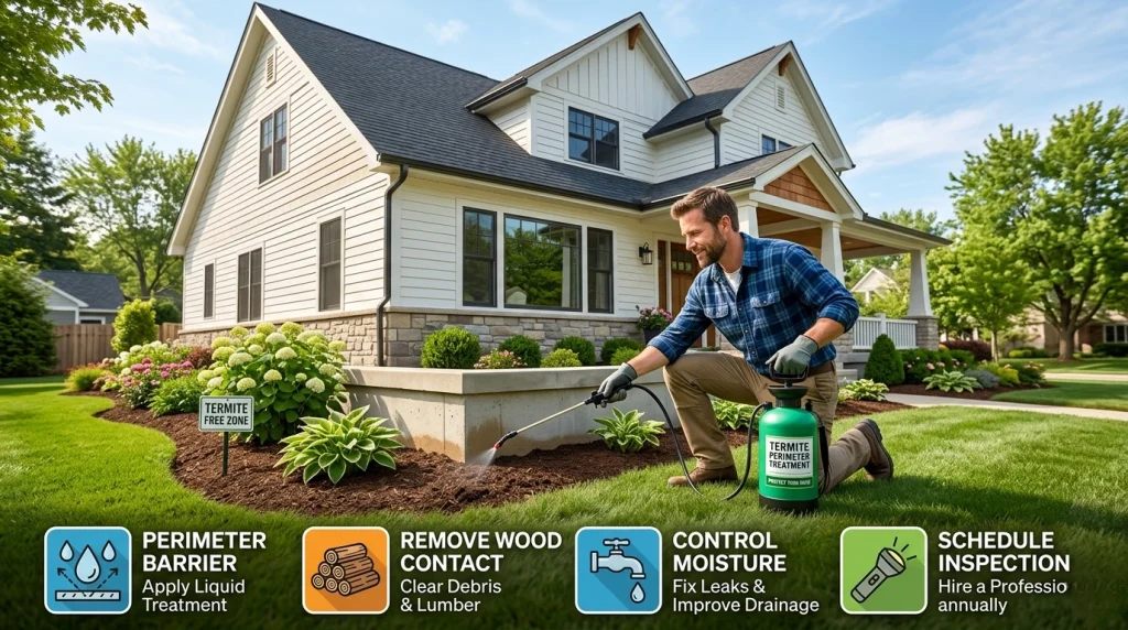 Man applying termite treatment in suburban garden to prevent termites at home with tips.