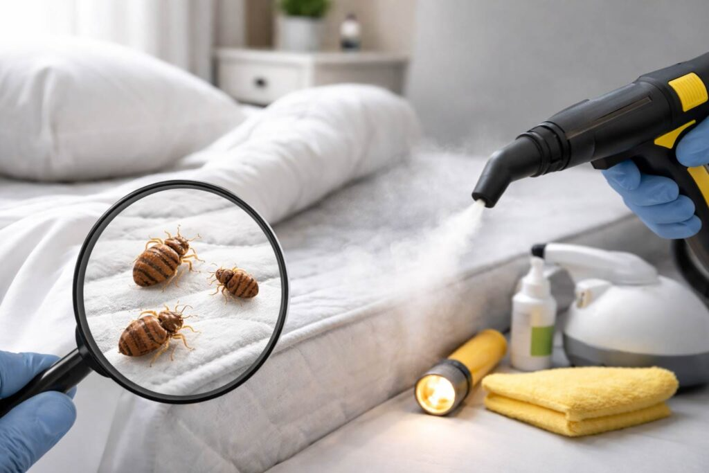 Magnifying glass shows bed bugs on mattress, gloved hand steam cleaning, for pest control in Rawalpindi.