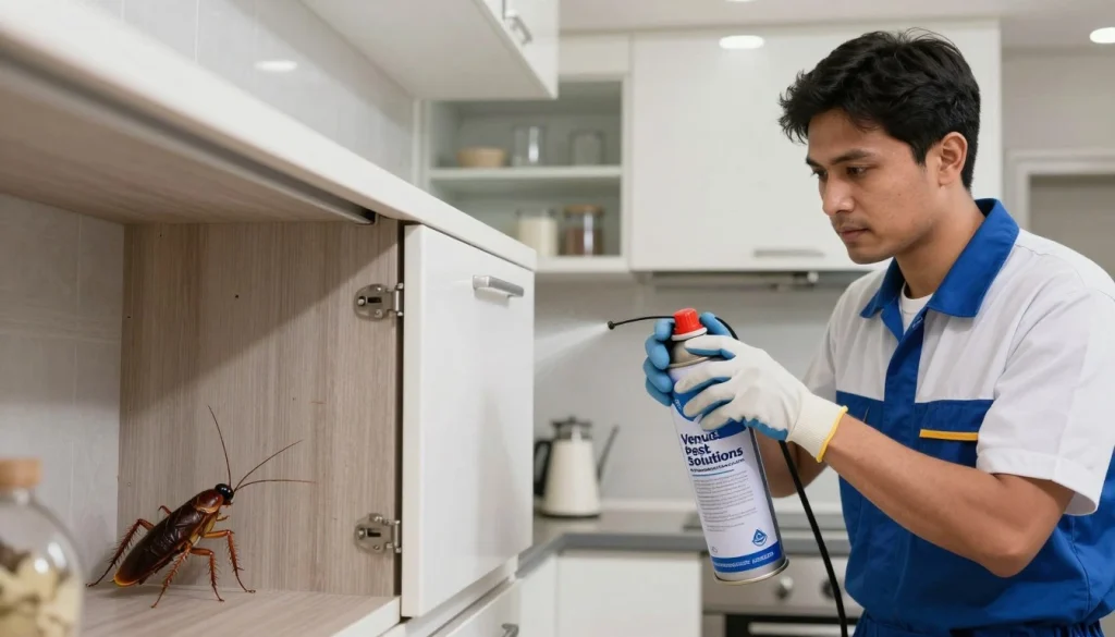 Pest control worker sprays a kitchen cabinet for a visible cockroach, showing expert cockroach control services in action