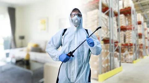 A person in protective gear, including a mask and gloves, holds a spray wand. They are standing in a space blending a clean home and a warehouse, representing services provided by the Best Pest Control Company in Islamabad.